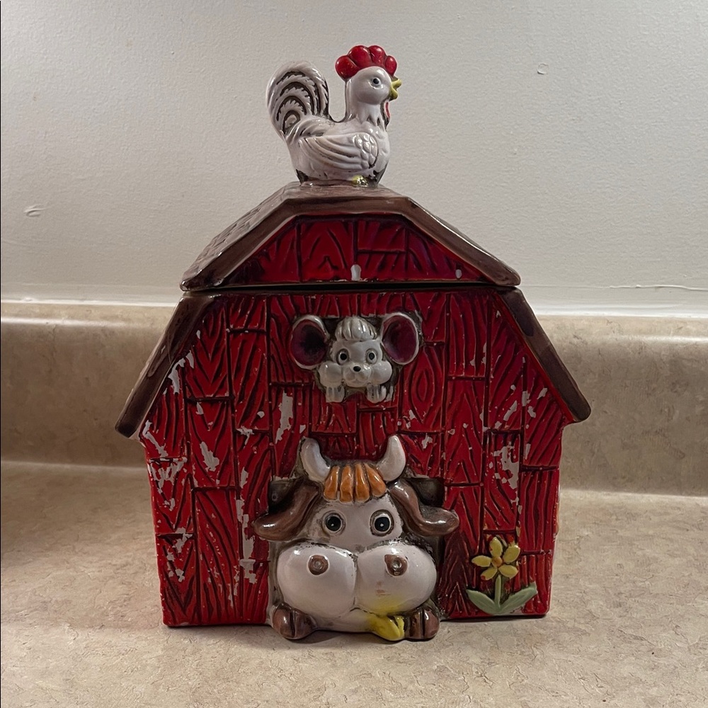 Enesco Red Barn Cookie Jar with Cow and Rooster